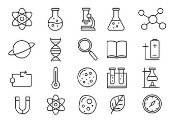 Science icons set vector, thin line editable stroke symbols for physics, chemistry, biology research, laboratory education, molecular structure, DNA, microscope, atom, test tubes, science equipment