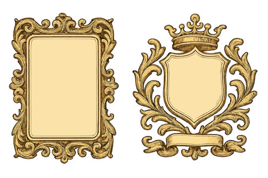 Set of vintage gold frames. Ornate baroque border and royal heraldic crest with crown and banner. Antique decorative vector illustration for certificate or invitation.