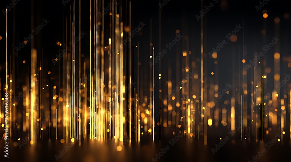 Wall mural golden vertical lines and bokeh lights create a shimmering abstract cityscape on a dark background