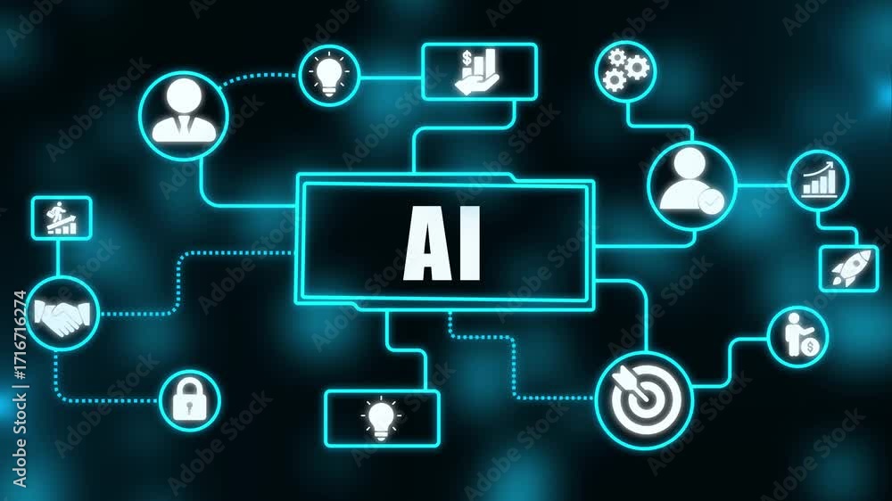 Poster artificial intelligence network with connected icons representing business growth and ideas