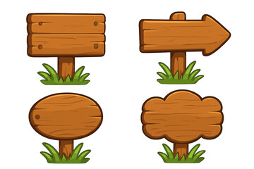 Set of wooden signboards. Cartoon vector illustration. Blank wood signs collection for game UI. Rustic empty signpost, arrow pointer, banner, plaque on grass for info.