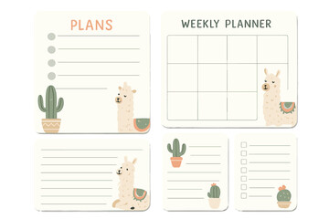 Set of minimalist Scandinavian planner and to-do list templates with trendy lettering featuring cute llama characters, decorative cacti, agenda and weekly organizer design for productivity