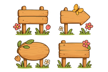 Cartoon wooden signboard set with spring flowers and a butterfly. Vector collection of rustic empty wood planks and signposts for messages. Cute garden announcement banner.
