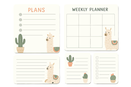Set of minimalist Scandinavian planner and to-do list templates with trendy lettering featuring cute llama characters, decorative cacti, agenda and weekly organizer design for productivity - Powered by Adobe