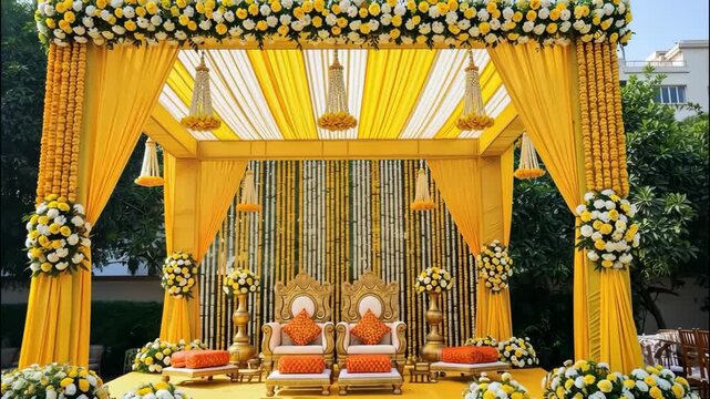Vibrant indian wedding mandap adorned with yellow flowers and traditional decorations, creating a culturally rich and joyous setting for the sacred ceremony ai generated vedio