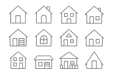 Fototapeta premium Simple linear house icons set with editable stroke, minimalistic line art for design, home illustration collection for cards, apps, banners, posts, vector cartoon style