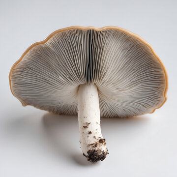 Mushroom gills and stem isolated on white background, close up view