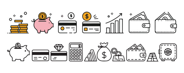 Business Finance and Banking Vector Line Icons, Investment, Money, Piggy Bank, Safe, and Currency