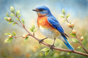 Obraz premium A charming watercolor painting of an eastern bluebird perched gracefully on a budding branch, capturing the essence of spring with delicate brushstrokes and soft hues