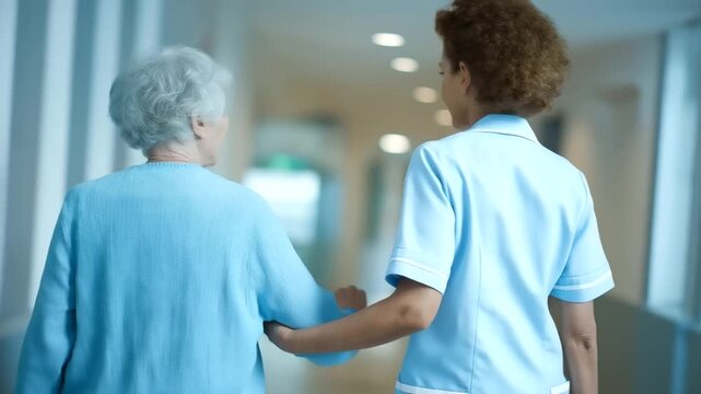 elderly patient being guided by nurse through curved corridor with soft indirect lighting human centered spatial design three quarter wide angle cinematic color correction gentle