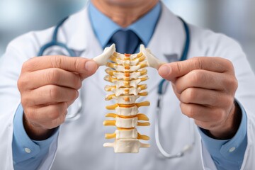 Doctor holding spine model explaining human anatomy