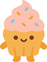 Cute kawaii cartoon cupcake with pink frosting and sprinkles, isolated on white background, adorable food illustration