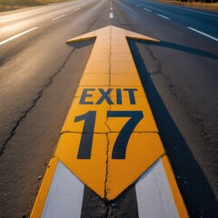 Yellow Exit 17 Arrow on Asphalt Road at Sunset