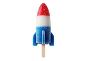 Rocket-shaped popsicle, red, white, blue layers, frosty with ice crystals, on a clean stick, transparent background with copy space, refreshing american patriotism concept