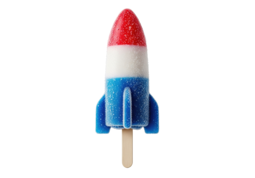 Rocket-shaped popsicle, red, white, blue layers, frosty with ice crystals, on a clean stick, transparent background with copy space, refreshing american patriotism concept