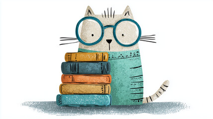 A cute kitten illustration with blue-rimmed glasses holding a stack of watercolor-style books. isolate on white background