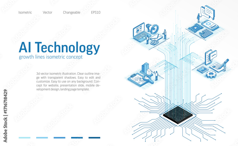 Poster ai technology isometric line icon illustration. digital data analysis, people teamwork with artifici
