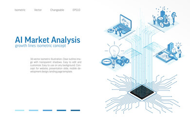 AI Market Analysis isometric line icon illustration. Financial digital data, money growth gaph chart concept. Stock trade system process, chip connection background. Business people 3d vector design.