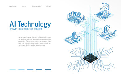 AI technology isometric line icon illustration. Digital data analysis, people teamwork with artificial intelligence. Content creation, system process, innovation 3d vector design background.