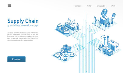 Global import export isometric line icon illustration. Warehouse, cargo transport, factory and delivery system 3d vector design concept. Logistic distribution supply chain business background.