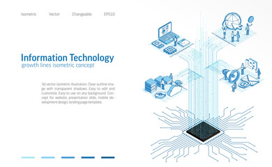 Information technology isometric line icon illustration. Data server room, cloud system, engineers teamwork, app development, global communication, internet network 3d vector design background.