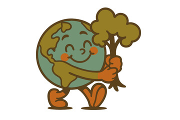 Vintage retro motivational poster with happy walking Earth planet character hugging tree, cute 70s style mascot, environmental love, Earth Day celebration concept, green nature care design