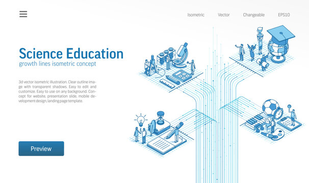University education isometric line icon illustration. Student study, science, school art, sport, graduation hat and diploma 3d vector design concept. Knowledge growth, teamwork and success background