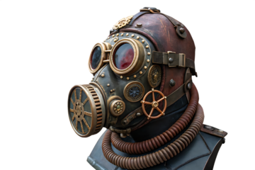 Steampunk Gas Mask: Intriguing steampunk-style gas mask, with intricate metallic detailing and a vintage aesthetic. It's a fusion of retro-futuristic design, evokes on AI generated by PNG
