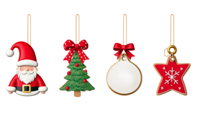 Four festive Christmas ornaments: Santa, decorated tree with bows, round bauble, and red star with snowflake, each hanging by strings