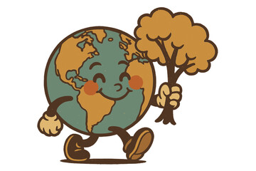 Vintage retro 70s style happy Earth planet mascot walking with smiling face holding tree, eco-friendly environment concept, Earth Day celebration, cute nature character illustration