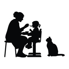 Woman feeding child with cat watching silhouette spoon