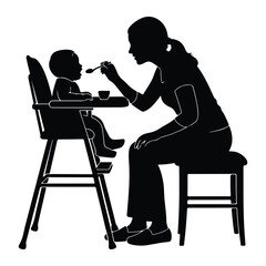 Woman feeding baby in high chair spoon bowl