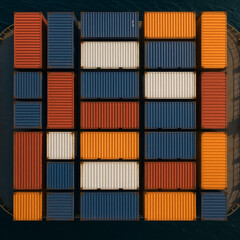 Fototapeta premium Top-down aerial shot of shipping containers stacked on cargo vessel deck