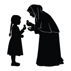 Woman giving object to child silhouette