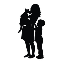 Woman holding cat child looking silhouette