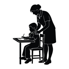 Woman helps boy draw at desk child drawing
