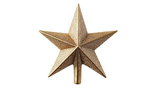 Gold glitter five-point star tree topper with sharp 3D facets and textured surface