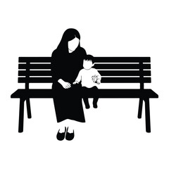 Woman holding child on bench sitting black and white