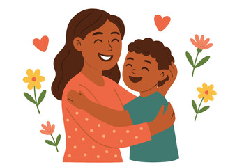 Happy Mother's Day greeting card. Loving black mother and son hugging. African American family love and care concept. Mom and child embrace. Vector cartoon illustration.