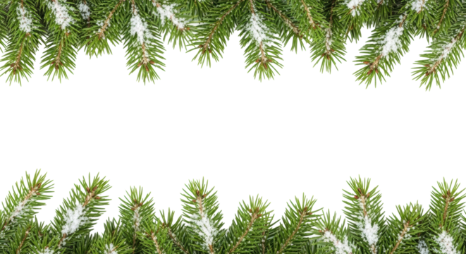 Green fir branches with soft white snow, forming an organic top and bottom border on a transparent background with copy space, festive winter holiday concept