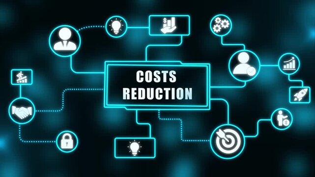 Animated business icons connected to costs reduction within a futuristic technology illustration