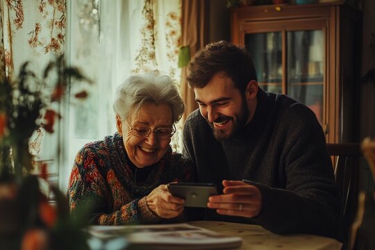 Son teaching elderly mother about hashtags