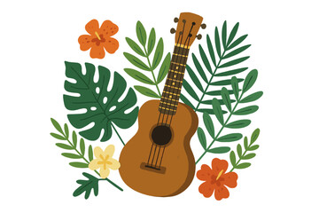 Tropical ukulele with lush green leaves and vibrant orange and yellow flowers. Wooden acoustic guitar illustration for music store poster, tropical band performance banner, flat hand-drawn vector art