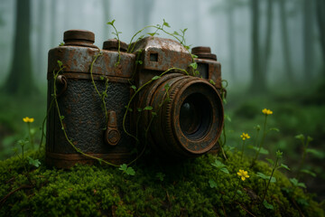 Vintage rusted analog film camera resting on moss with wildflowers in misty forest