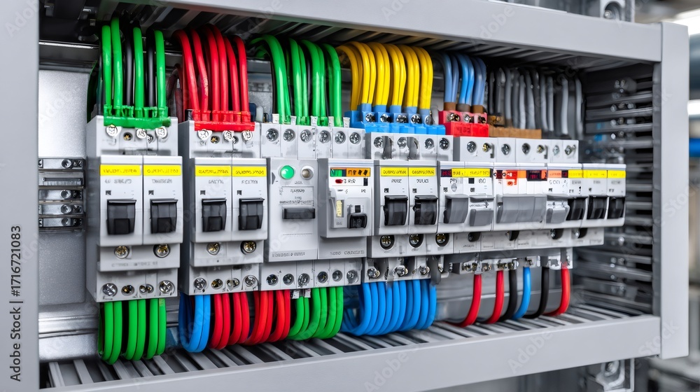 Aufkleber electrical panel with circuit breakers and colorful wires showing power distribution