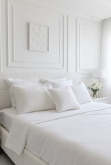 A bright and serene bedroom, furnished with elegant white linens and a decorative wall art piece.