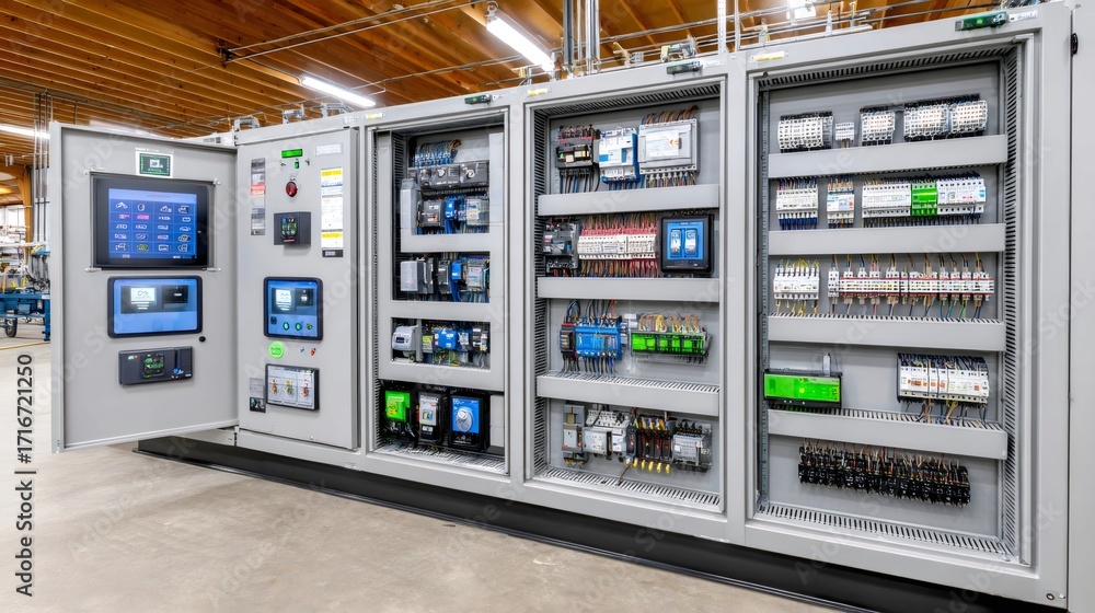 Aufkleber electrical control panel showing complex wiring and circuit breakers in industrial setting