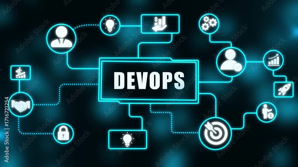 Poster devops process and technology network with glowing neon light connections