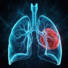 Lungs cancer Illustration: A detailed illustration of the human lungs, highlighting a cancerous tumor with vivid clarity, offering a powerful visual representation of the disease and health.