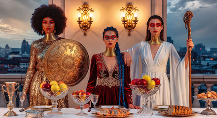 - Three regal women in ornate costumes posing at rooftop feast